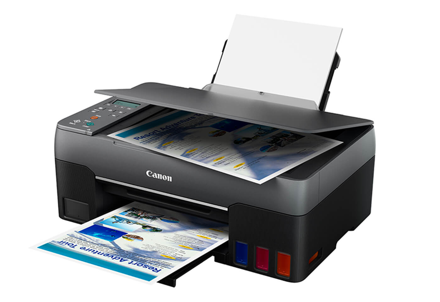 Side profile image of PIXMA G3620 MegaTank printer with tray open