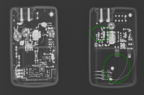 Xray image of certified a genuine Canon battery and a counterfit