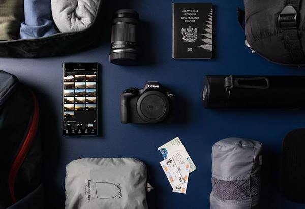 Flatlay image of backpacker items taken using Canon EOS R50
