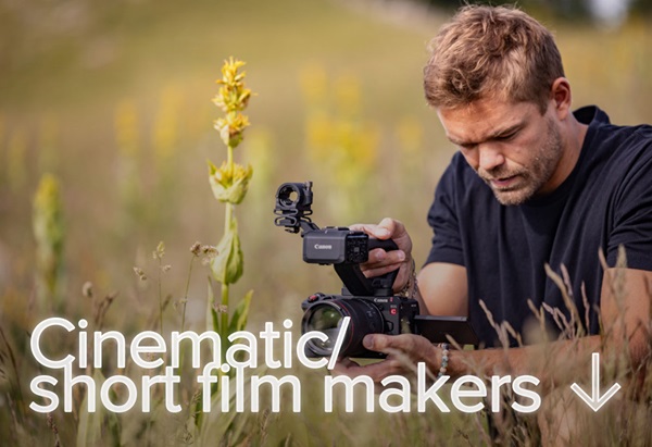 Image edit of a cinematographer capturing a flower field, with text on the image "Cinematic/short film makers"