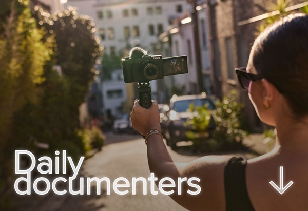 Image edit of woman using a Canon camera to vlog herself, with text on the image "Daily documenters"