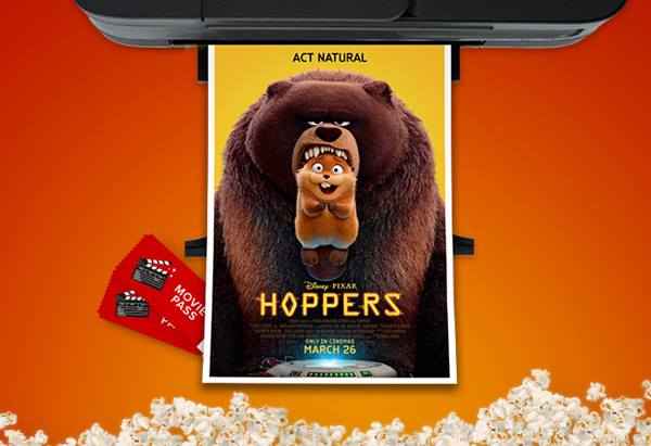 Disney's Hoppers Film banner printed on a Canon printer with movie tickets and popcorn