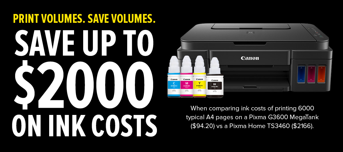 Save money with Canon continuous ink. Around $170 on ink per 500 sheets ream of paper when using MegaTank G-Series printers.