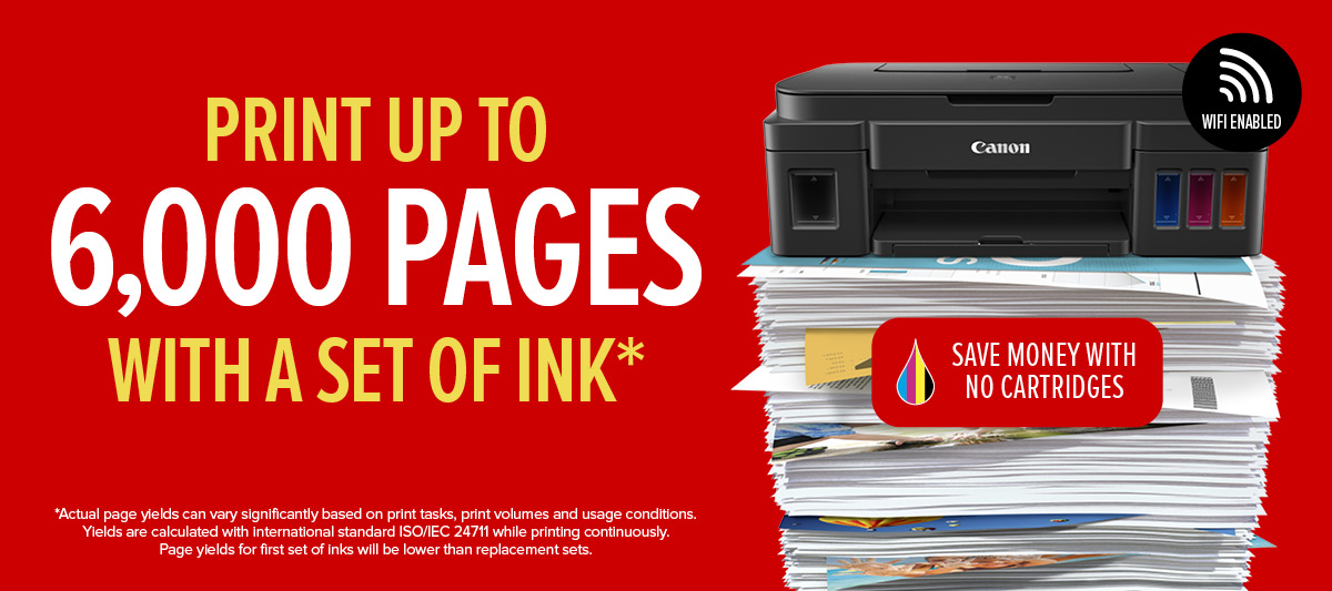 Longer lasting ink. High yield printing with 6,000 black and 7,000 colour pages with Canon continuous ink.