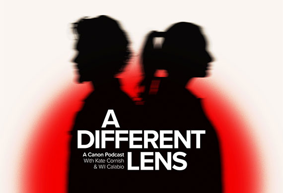 Tile image of a man and woman's silhouette in front of a red light for the A Different Lens podcast with the title copy