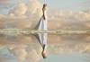 woman in wedding dress reflected in water
