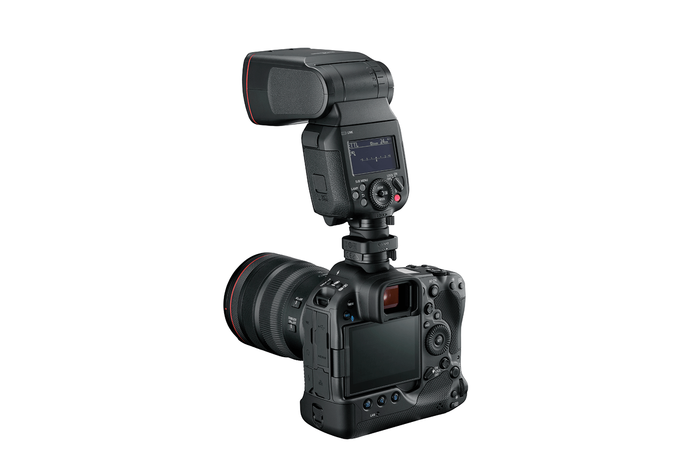 Multi-function shoe adapter AE-D1 on an EOS R3