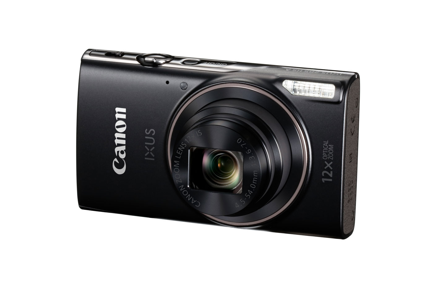 Front slant product image of a black IXUS 285 HS A compact camera