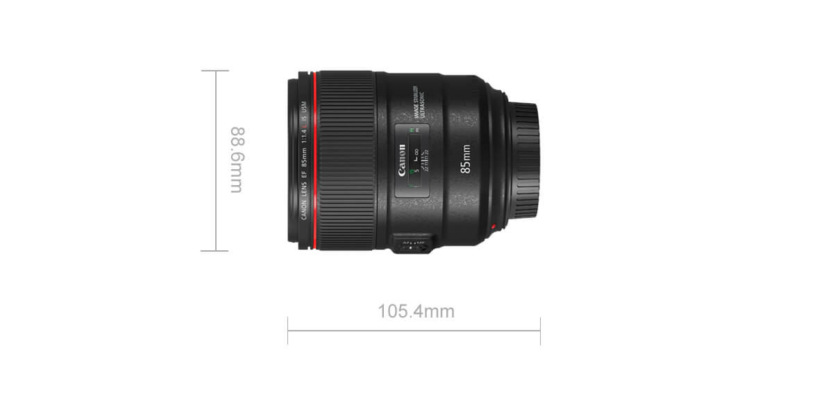 EF 85mm f 1.4L IS USM dimensions view