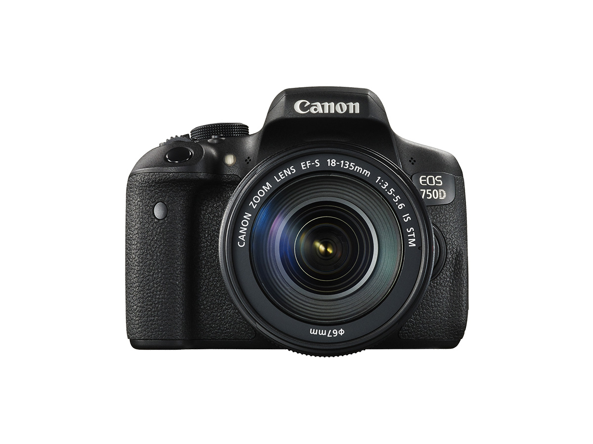 EOS 750D DSLR camera with 18-135mm lens front shot
