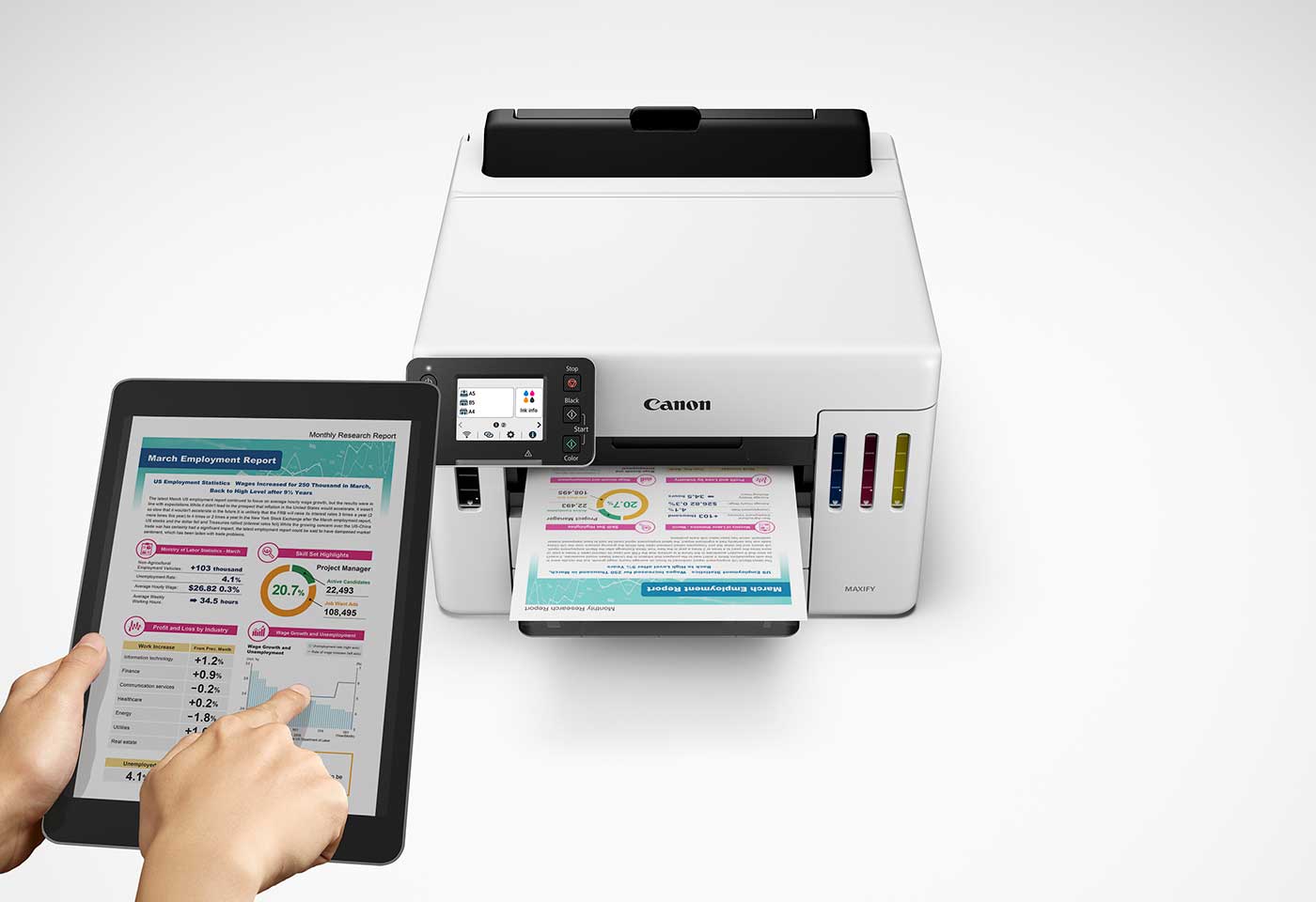 Image of MAXIFY GX5560 MegaTank printer connected to a tablet