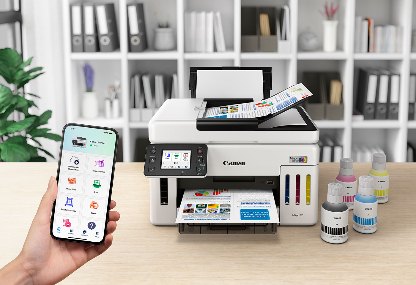 Image of MAXIFY GX6160 MegaTank home office printer connected to mobile app