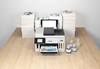 Image of MAXIFY GX6160 MegaTank home office printer, ink bottles and stacks of paper