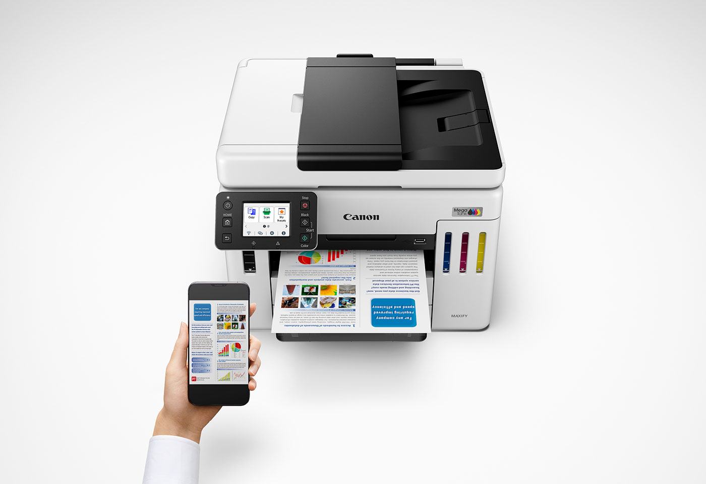 Image of MAXIFY GX7160 MegaTank home office printer connected to mobile app
