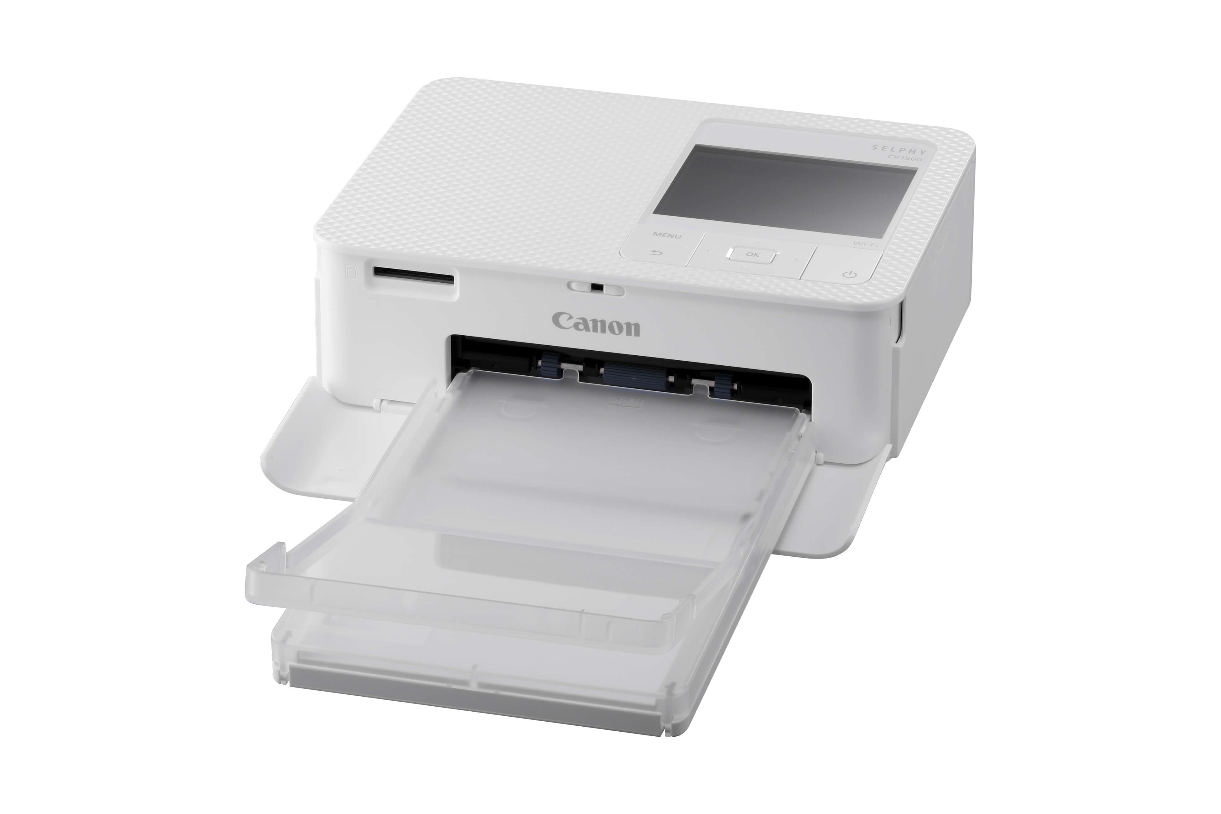 Front slant product image of SELPHY CP1500 printer with postcard paper on cassette