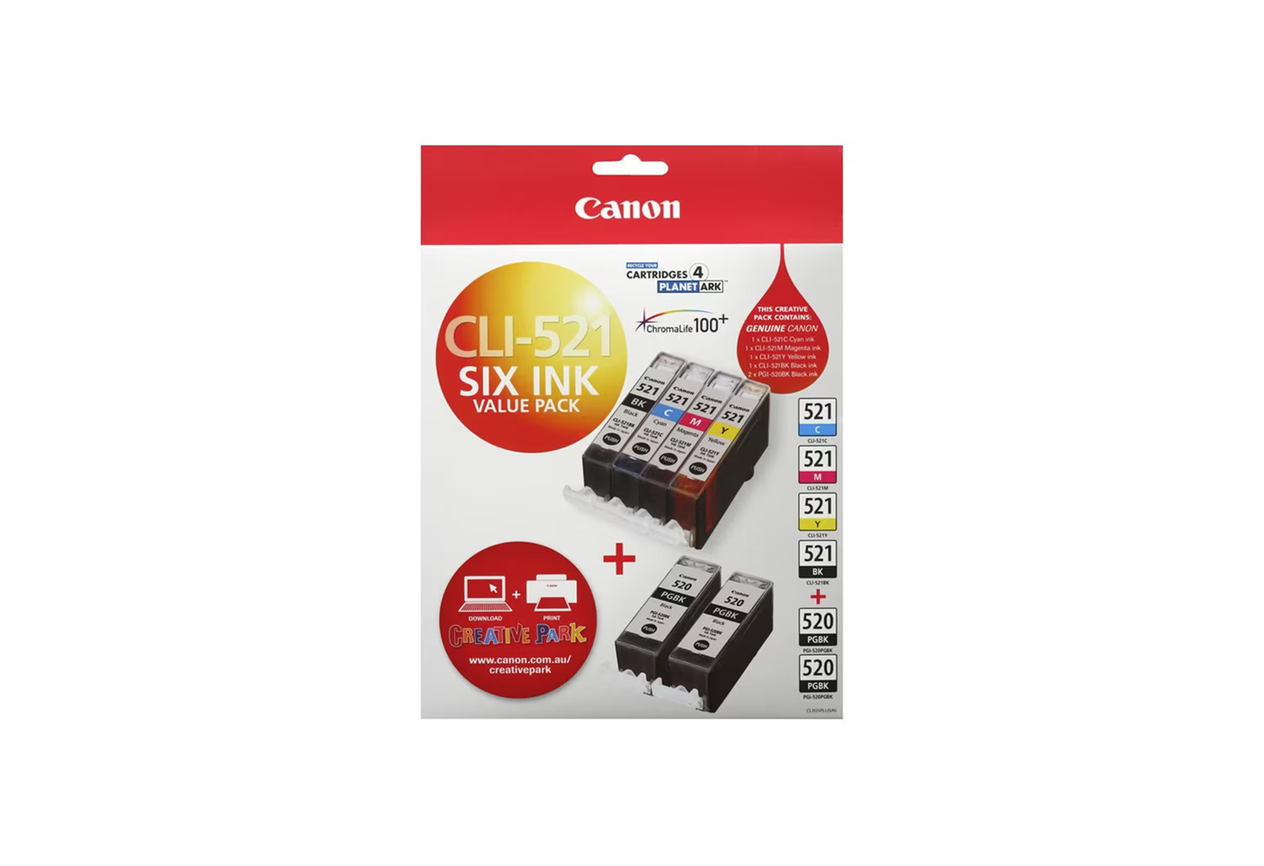 CLI-521 PLUSA5, 1x CLI-521 Standard Cyan, Magenta, Yellow, Black and 2x PGI-520 Standard Black