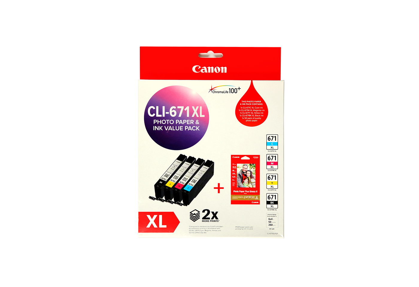 CLI-671 PVP Value Pack, 1x CLI-671 Extra Large Cyan, Magenta, Yellow, Black + PP201 Photo Paper Plus Glossy x50 Sheets