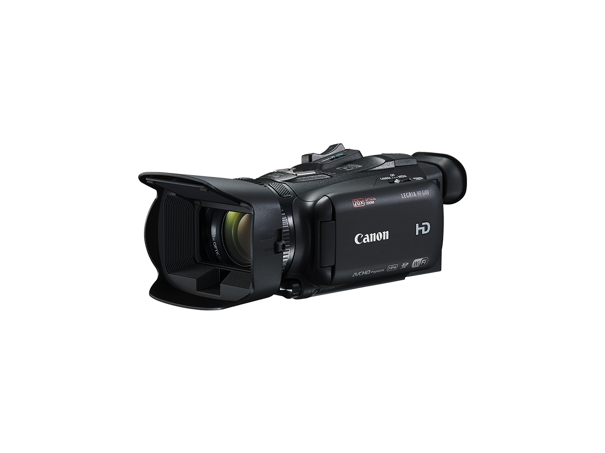 Canon LEGRIA HF G40 digital video camera black front angled with flip screen