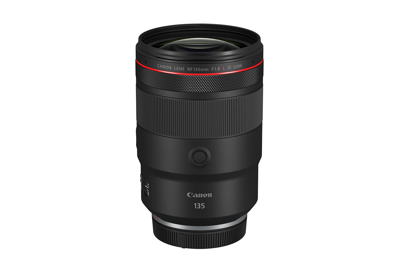 Side profile image of the RF 135mm f/1.8L IS USM prime lens with cap