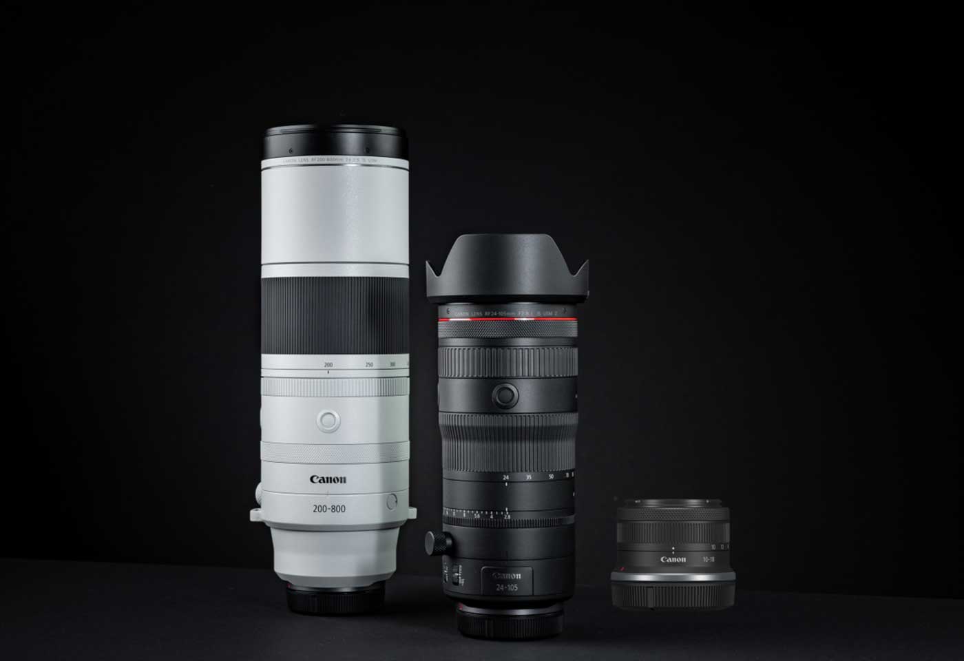 RF 200-800mm f/6.3-9 IS USM, RF 24-105mm f/2.8L IS USM Z lens, and RF-S 10-18mm f/4.5-6.3 IS STM