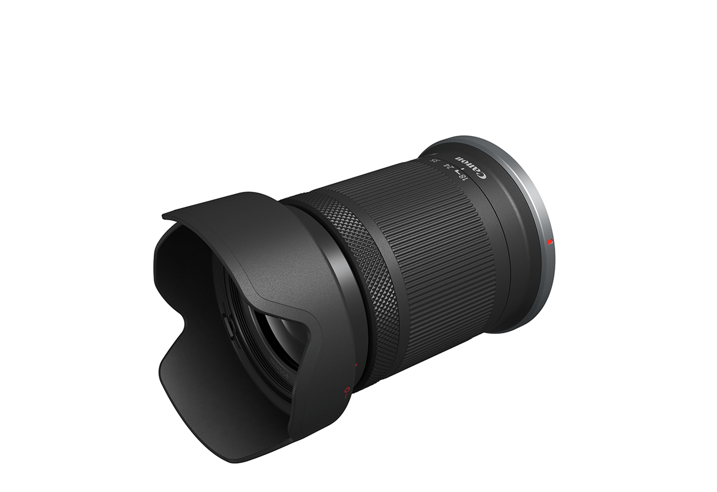 Slant profile image of the RF-S 18-150mm f/3.5-6.3 IS STM standard zoom lens