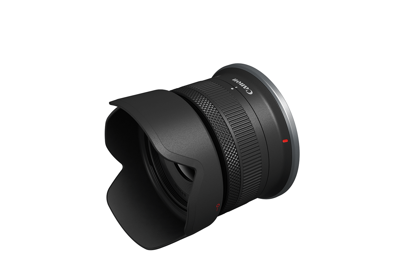 Slant profile image of RF-S 18-45mm f/4.5-6.3 IS STM standard zoom lens with hood
