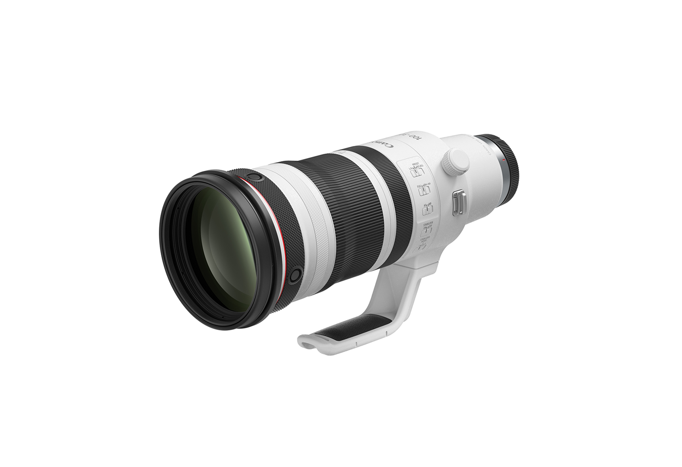 Slant profile image of RF 100-300mm f/2.8L IS USM telephoto lens