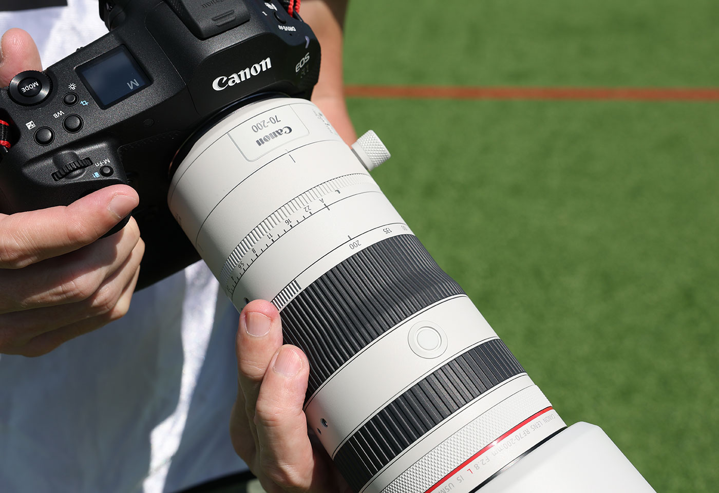 RF 70-200mm f/2.8L IS USM Z telephoto lens in white attached to a Canon EOS camera