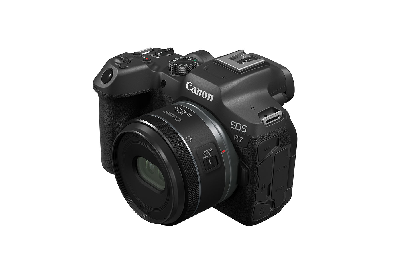 RF-S 7.8mm f/4 STM Dual attached to Canon EOS R7 side view