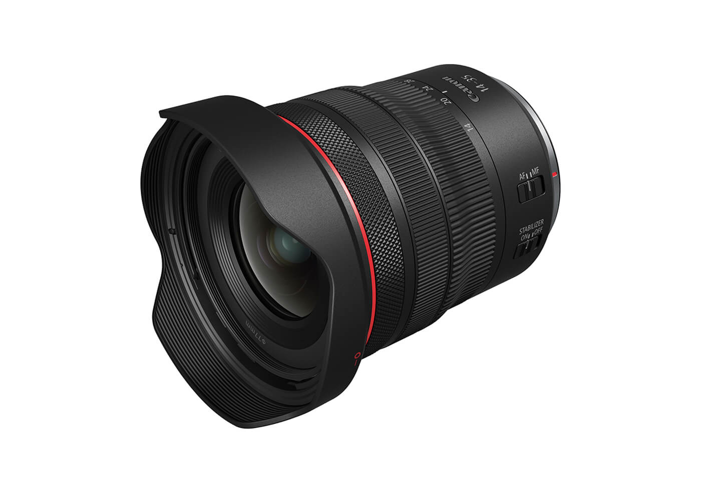 Front profile image of RF 14-35mm f/4 L IS USM wide angle lens with hood