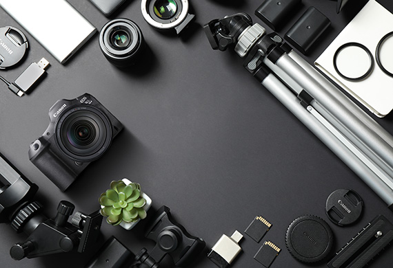 Flatlay image of EOS R5 Mark II with Canon gear