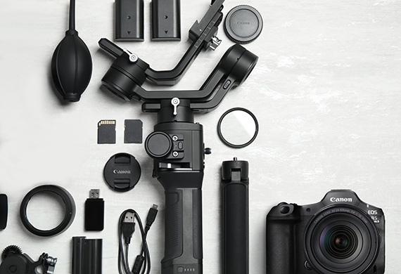 Flatlay image of EOS R5 Mark II with Canon accessories