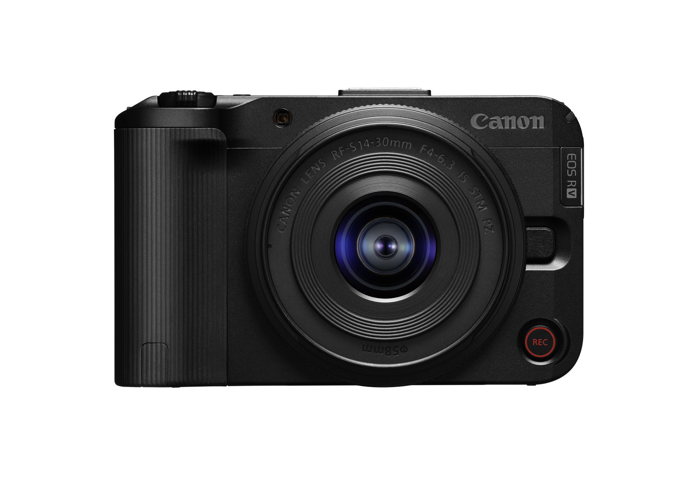 Front profile image of EOS R50 V mirrorless camera with the RF-S 14-30mm f4-6.3 IS STM PZ standard zoom lens