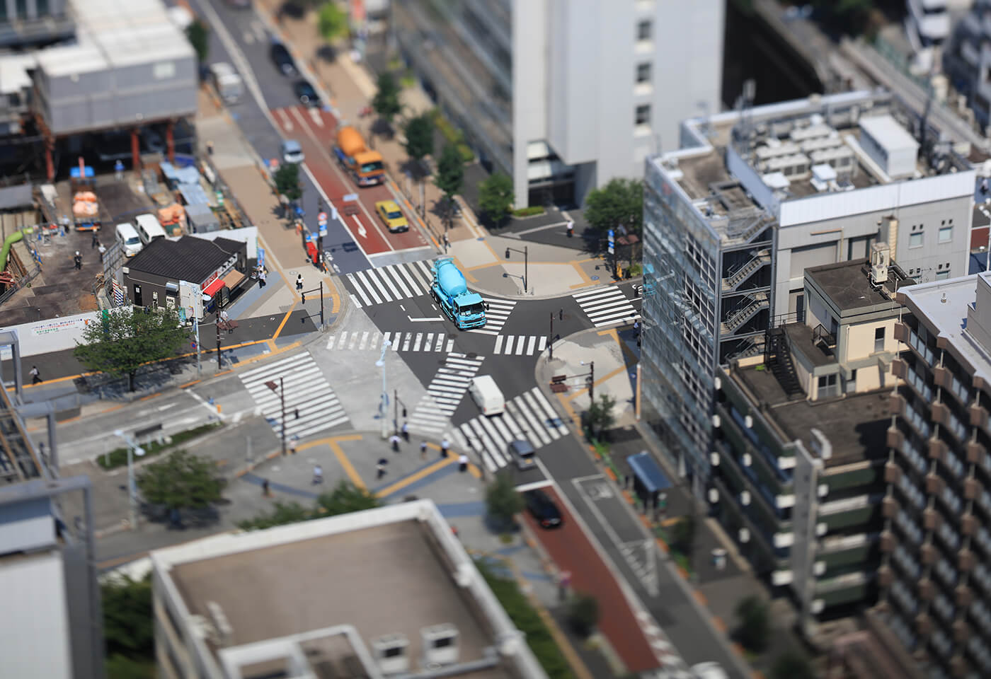 Tilt shift image of road crossing