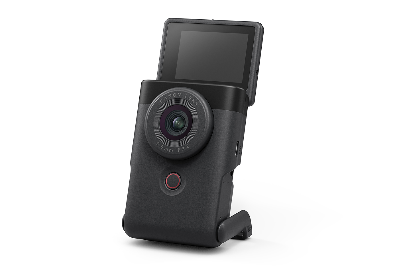 Front slant profile image of PowerShot V10 vlogging camera with a screen and stand