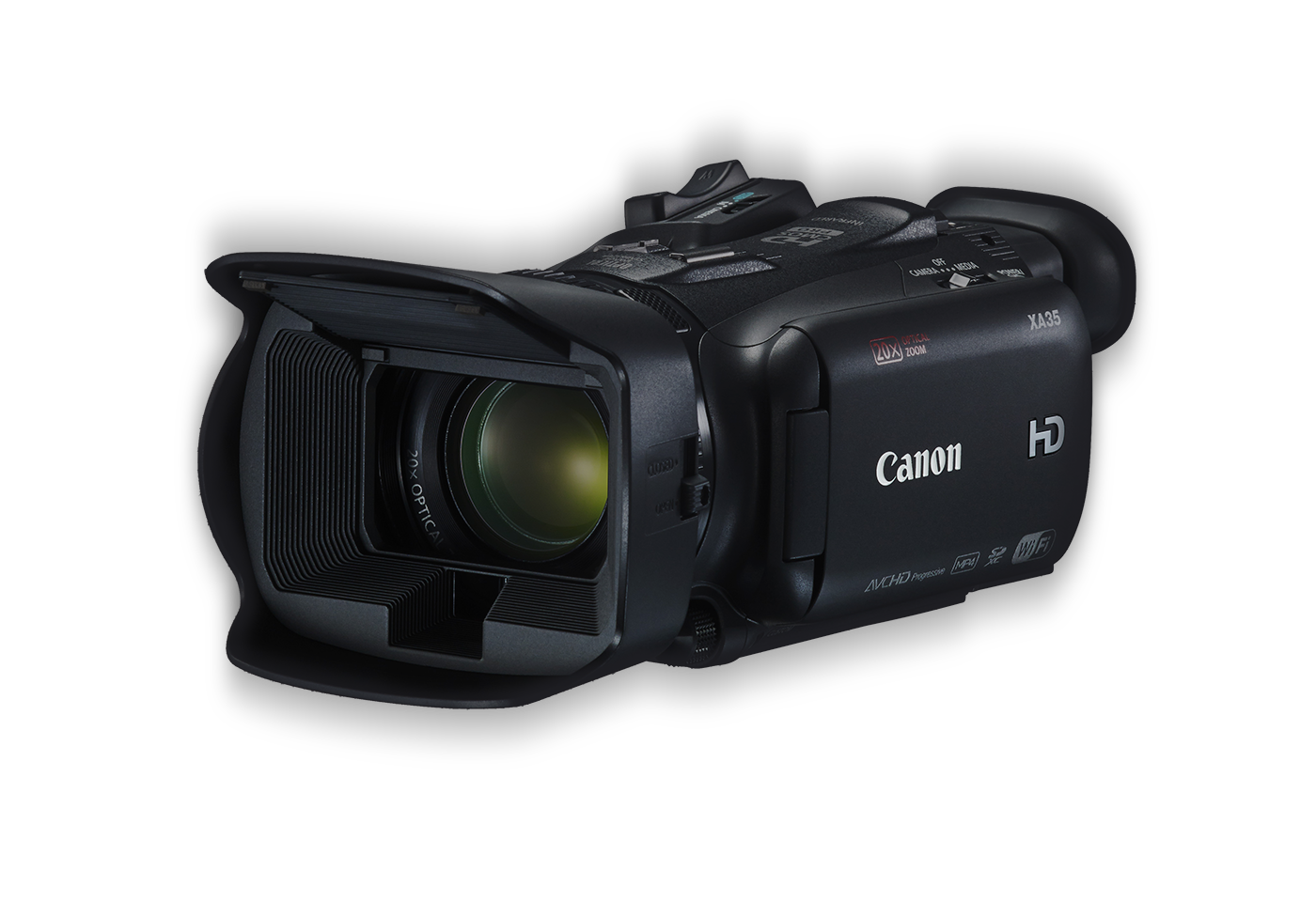 Canon XA35 Digital Video Camera black front angled with handle
