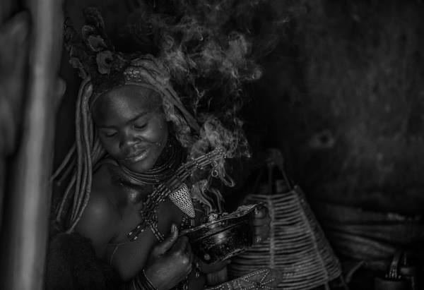 Tribal woman with incense black and white