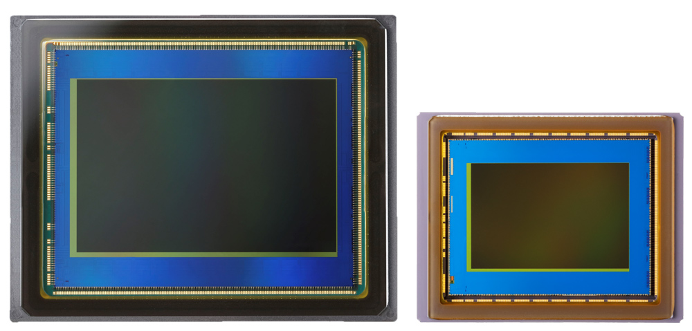 Side by side view of a full-frame camera sensor and an APS-C camera sensor highlighting the difference in sensor size