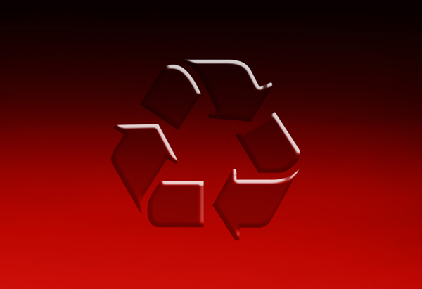 Abstract red recycling symbol composed of geometric shapes on a dark red background.