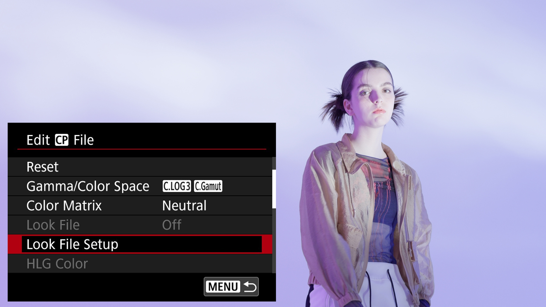 Image of a woman with camera settings