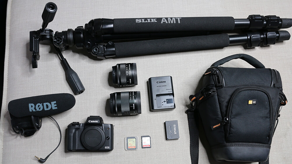 Flat lay image of recommended gear for vlogging