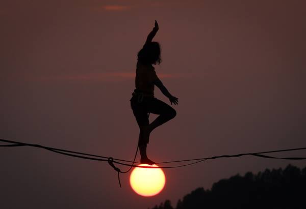 Image of slackline in sunset