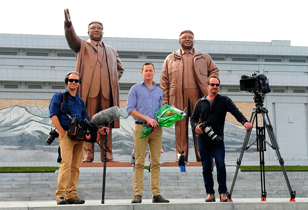 Pyongyang in North Korea with 60 Minutes reporter Tom Steinfort and sound recordist Chick Davey (Photo: Stephen Taylor)