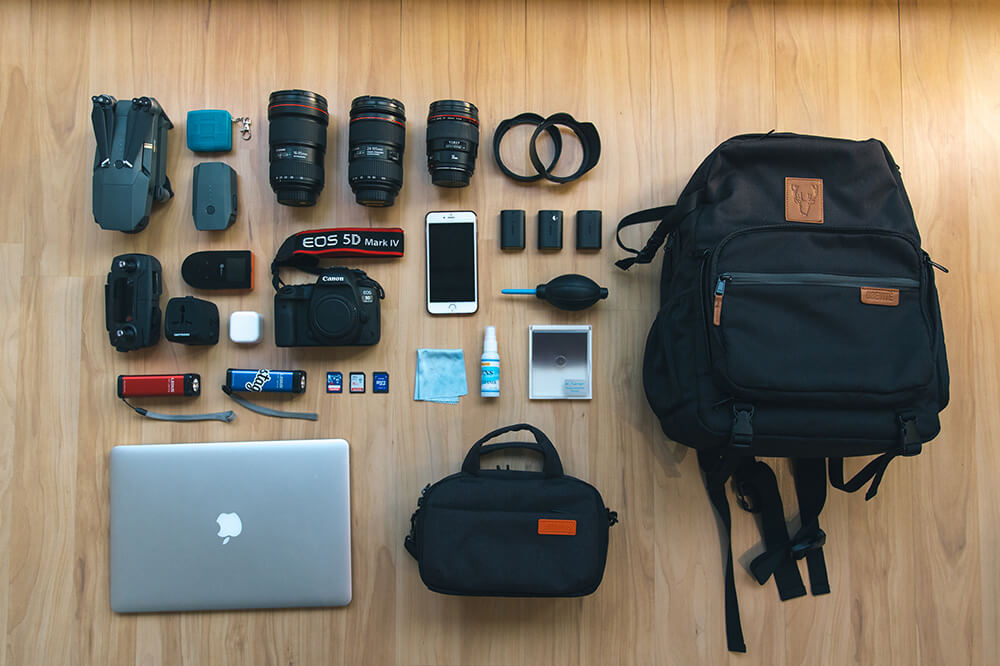 flat lay of recommended gear for photographing Finland. Shot by Elaine Li