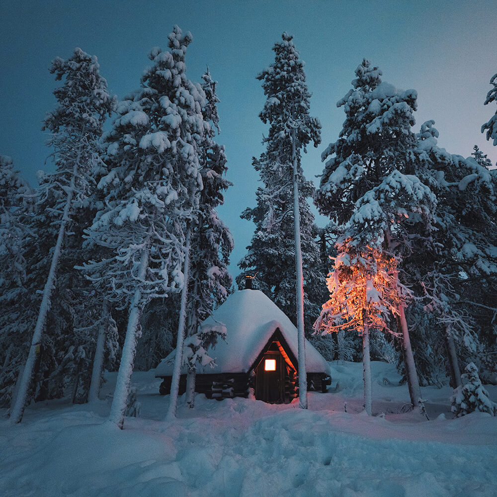Image of a hut and deep blue sky in a Finnish forest. Shot by Elaine Li