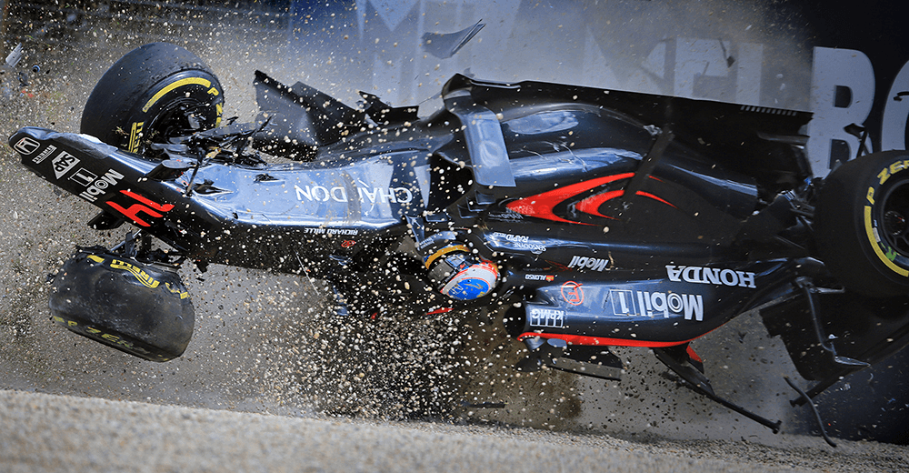 Fernando Alonso crashed at 280 km/h by Alex Coppel. Canon 1D X, EF400mm f/2.8L IS II USM lens. 1/1250s @ f4.5, ISO 500.