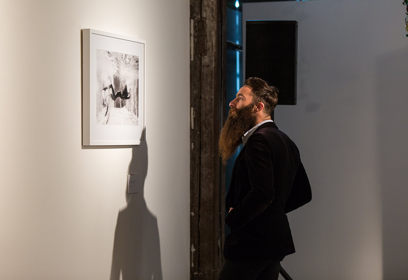 Image of patron looking at framed black and white image on wall