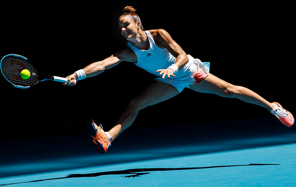 Maria Sakkari of Greece leaps into a forehand during her third round match against Veronika Kudermetova of Russia on January 21st 2022 CREDIT: AP Photo / Hamish Blair