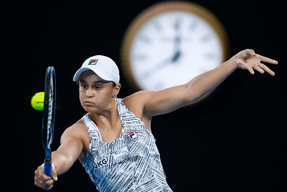 Like clockwork, Ash Barty of Australia plays a backhand during her semi-final match against Madison Keys of the U.S. on January 27th 2022 CREDIT: AP Photo / Hamish Blair