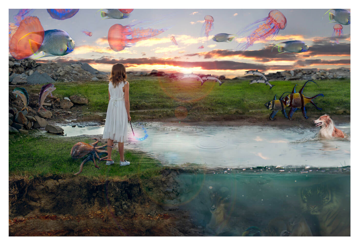 Fantasy image of girl overlooking a pond